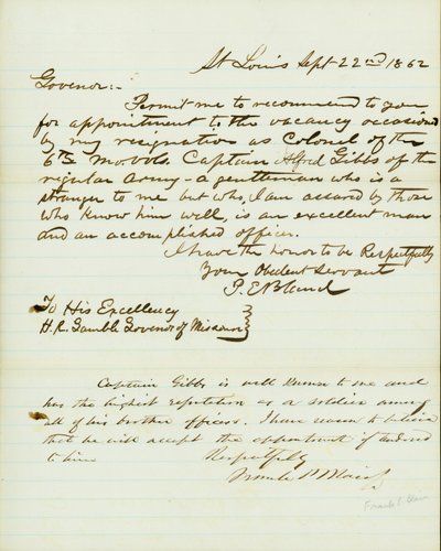 List podpisany P.E. Bland, St. Louis, do HR Gamble, gubernatora Missouri, 22 września 1862 autorstwa Peter E. Bland