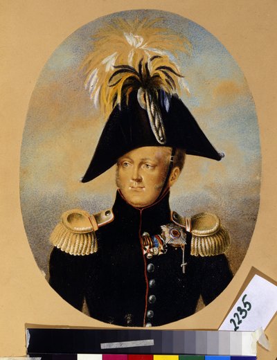 Portret cara Aleksandra I Pawłowicza (1777-1825) (Portret cesarza Aleksandra I) noszącego różne odznaczenia honorowe, m.in. krzyż z czarną i złotą wstążką, cesarski i wojskowy Order Świętego Jerzego (1. z lewej), wstążka krzyż autorstwa Peter Ernst Rockstuhl