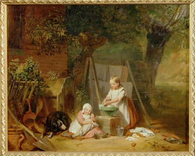 Die Puppenwaesche im Garten - Pranie dla lalek w ogrodzie ... (olej na drewnie) autorstwa Peter Fendi