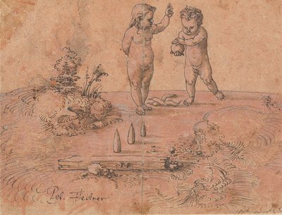 Dwoje dzieci bawiących się piłką, 1500-1546. autorstwa Peter Flötner