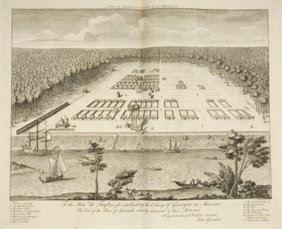 Widok Savannah w stanie, w jakim znajdowała się 29 marca 1734 r., rycina P. Fourdrinier, Londyn, ok. 1735 r. (rycina) autorstwa Peter Gordon