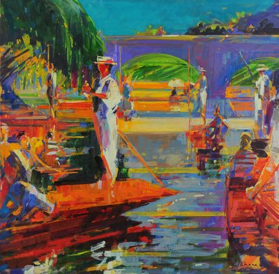 Boaters, Cambridge (olej na płótnie) autorstwa Peter Graham