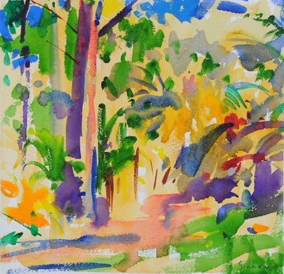 Las deszczowy Maui, 2023 (akwarela) autorstwa Peter Graham