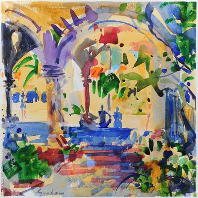 Stanford Cloisters, Kalifornia, 2022 (akwarela) autorstwa Peter Graham