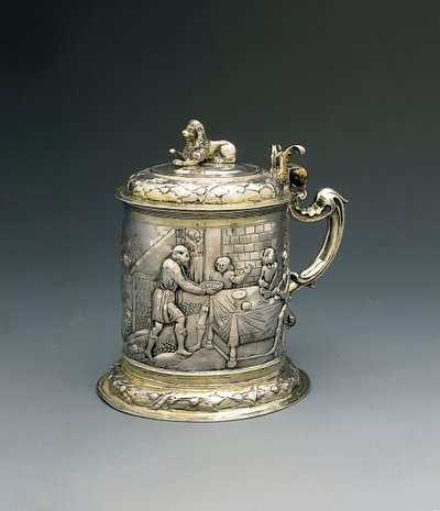 Kufel, ciało repusowane i ścigane z Jakubem walczącym z aniołem, a Abraham i Sara udzielający gościny Trójcy, Gdańsk, ok. 1690 (paczka pozłacane srebro) autorstwa Peter III Rohde