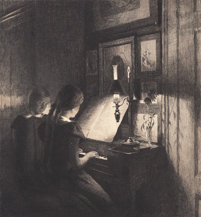 Dwie małe dziewczynki przy pianinie autorstwa Peter Vilhelm Ilsted