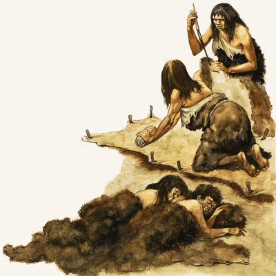 Rodzina z epoki kamienia zeskrobuje skórki, aby tworzyć ubrania autorstwa Peter Jackson