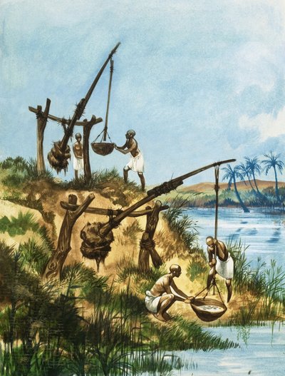 Wcześni Egipcjanie do pozyskiwania wody z Nilu używali systemu ciężarków i kijów zwanych „cieniami” autorstwa Peter Jackson