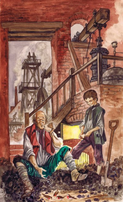 George Stephenson obserwujący, jak ojciec karmi okruchami rudziki, które oswoił (gwasz na papierze) autorstwa Peter Jackson