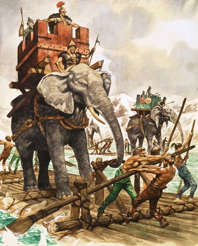 Hannibal i jego słonie przeprawiają się przez rzekę tratwą autorstwa Peter Jackson