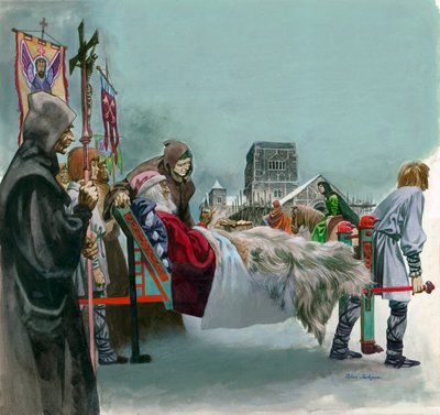 Król Edward, późniejszy święty Edward Wyznawca, obserwuje budowę Westminsteru z lektyki, w której leży chory autorstwa Peter Jackson