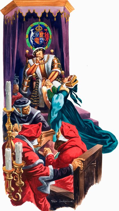 Król Henryk VIII postanowił rozwieść się z żoną Katarzyną Aragońską (gwasz na papierze) autorstwa Peter Jackson