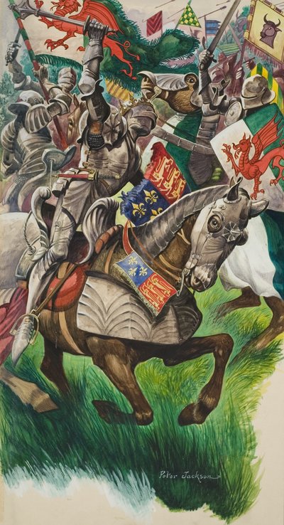 Król Ryszard (1452-85) i Henryk Tudor (1457-1509) na polu bitwy pod Market Bosworth w 1485 r. (gwasz na papierze) autorstwa Peter Jackson