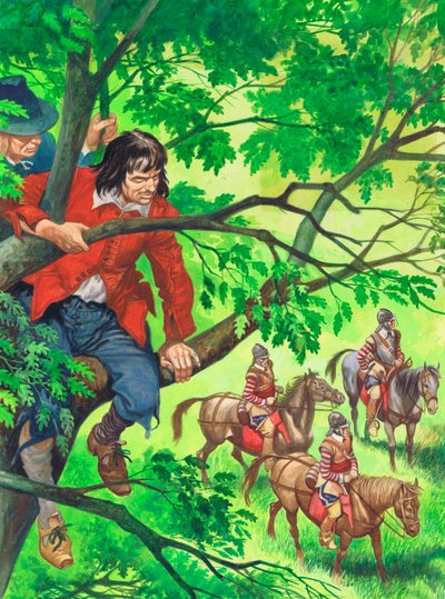 Przyszły król Karol II ukrywający się w dębie Boscobel (gwasz na papierze) autorstwa Peter Jackson