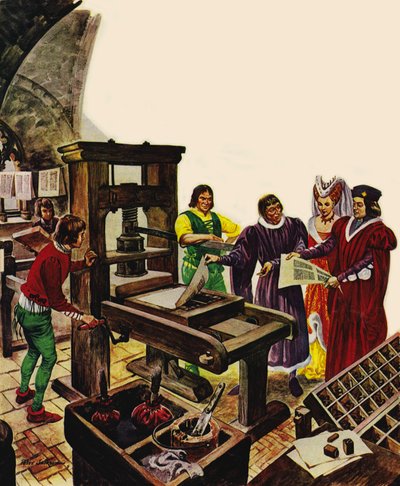 William Caxton pokazujący swoją prasę drukarską królowi Edwardowi IV i jego królowej Elżbiecie autorstwa Peter Jackson