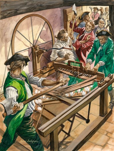 Robotnicy atakują dom Jamesa Hargreavesa w Blackburn, aby zniszczyć jego wynalazek, Spinning Jenny autorstwa Peter Jackson