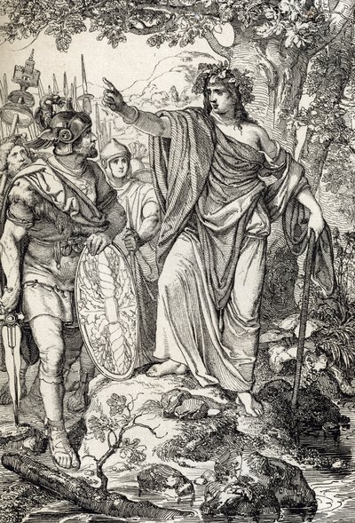 Kampanie Germanika: „” Nero Claudius Drusus Germanicus (38-9 pne) i jego armia spotykają młodą kobietę w regionach między Wezerą a Łabą, około 12 rpne” (Podbój Germanii: powieść generał Nero Claudius Drusus Germanicus i jego zasięg armii t autorstwa Peter Johann Nepomuck Geiger