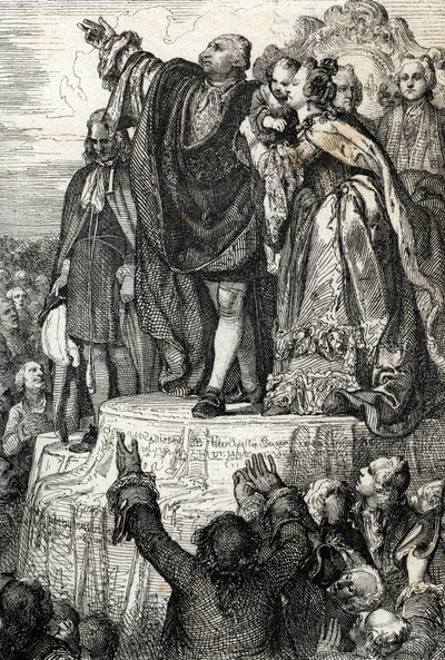 Uroczystość Pierwszej Federacji Narodowej 14 lipca 1790 r. na Ołtarzu Ojczyzny na Polach Marsowych, z okazji pierwszej rocznicy zdobycia Bastylii: król Ludwik XVI w otoczeniu rodziny składa przysięgę na konstytuować autorstwa Peter Johann Nepomuck Geiger