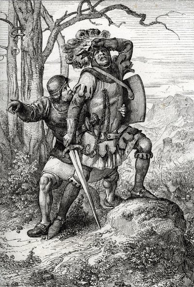 Książę Leopold I Austrii, pan Habsburga, ratuje przez jednego ze swoich towarzyszy w bitwie pod Morgarten 15 listopada 1315 r. Przeciwko konfederatom szwajcarskim w Szwajcarii (bitwa pod Morgarten 15 listopada 1315 r., Leopold I, książę Austrii uratowany p autorstwa Peter Johann Nepomuck Geiger