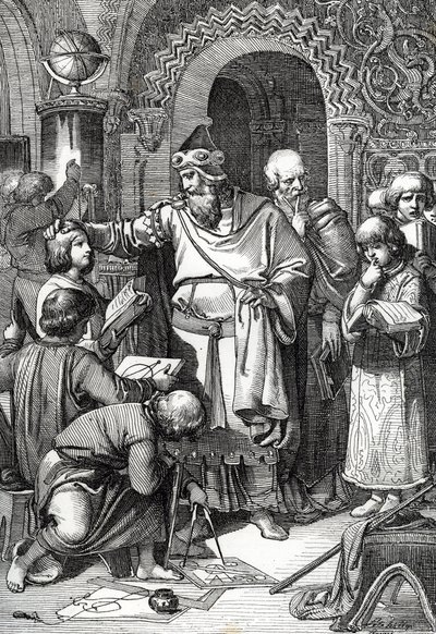 cesarz Karol Wielki (742-814) założyciel szkolnego spotkania dzieci” (cesarz Karol Wielki spotyka się z dziećmi, jego zainteresowanie edukacją i nauką oraz mecenatem uczonych sprawiło, że jest uważany za patrona szkół) Rysowanie opon z pióropuszem o autorstwa Peter Johann Nepomuck Geiger