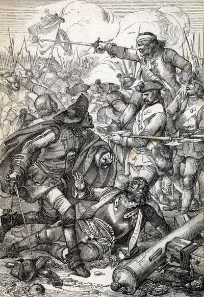 Wielka wojna północna: „” Bitwa pod Połtawą (lub Pułtawą) między armią Piotra I z Rosji a wojskami Karola XII ze Szwecji, 8/07/1709”” (Wielka wojna północna: bitwa pod Połtawą, 8 lipca 1709 r.) ) Piórkowy rysunek z „” Historische Memorabilian des autorstwa Peter Johann Nepomuck Geiger