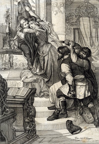 Revolta de Moscou de 1682 (levantamento do streltsy de 1682): Czarina Natalia Narychkina protegendo seu filho, o príncipe Peter (1672-1725) dos ataques dos streltsy (strelets), Rússia (Revolta de Moscou de 1682 ou Revolta dos streltsy: Tsarina Natalia Nary autorstwa Peter Johann Nepomuck Geiger