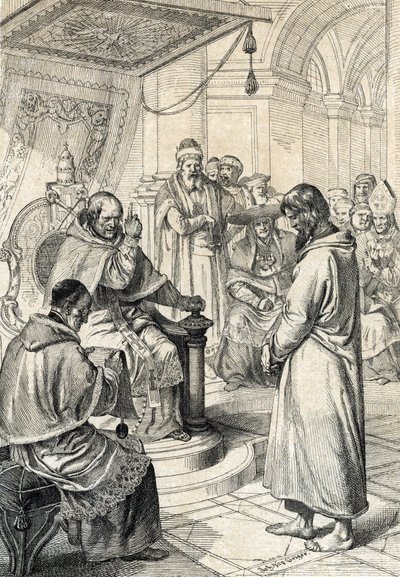 Queril z inwestytur, skrucha Canossy: W Canossie cesarz Henryk IV Świętego Cesarstwa Rzymskiego (1050-1106) w stroju pokutnym błaga o przebaczenie papieża Grzegorza VII (Hildebrand: 1015/20-1085) dokonując honorowych zadośćuczynień w styczniu 1077 r. ” (Śc autorstwa Peter Johann Nepomuck Geiger
