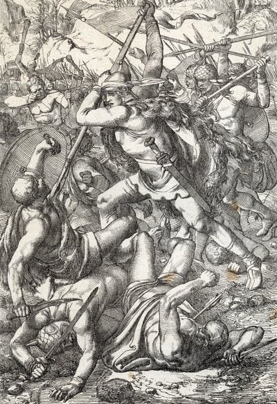 Przedstawienie zdobywcy Pelage (Pelagiusza lub Pelayo) (zm. 737) króla Asturii triumfującego nad Saracenami, 719 Covadonga, Hiszpania autorstwa Peter Johann Nepomuck Geiger