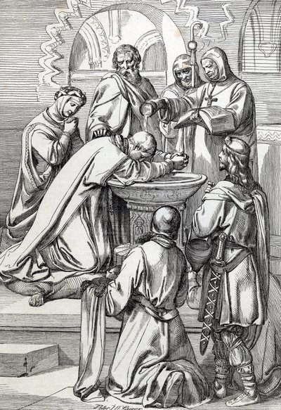 Przedstawienie św. Augustyna z Canterbury (zm. 604), wysłanego do Anglii przez papieża Grzegorza Wielkiego w 596 r. w celu nawrócenia Anglosasów - Jest tutaj przed Ethelbertem, anglosaskim królem Kentu (552? -616), którego ochrzcił w 597 (Augustyn, pierwsz autorstwa Peter Johann Nepomuck Geiger
