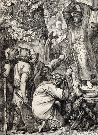 Przedstawienie św. Bonifacego z Moguncji (680-754) ścinającego dąb Thora, aby przekonać druidów, że nie jest to święte drzewo (Święty Bonifacy (Bonifacius) niszczący dąb Thora (dąb Donara lub Jowisza) święte drzewo germańskich pogan, przekonwertować autorstwa Peter Johann Nepomuck Geiger