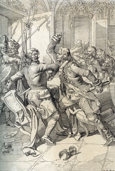 Revolta de Streltsy: prisão de membros dos regimentos de Streltsy (strelets) após seu levantamento em 1698 contra as inovações progressivas do czar Pedro, o Grande, Rússia (revolta de Streltsy: supostos membros dos regimentos de Streltsy de Moscou presos a autorstwa Peter Johann Nepomuck Geiger