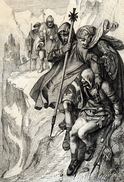 Król Rzymian Henryk IV przechodzi przez przełęcz góry Cenis, aby przekroczyć Alpy i udać się do hrabiny Matyldy z Toskanii do Canossy, gdzie papież Grzegorz VII, styczeń 1077” (Henryk IV przekroczył Alpy przez przełęcz Mont Cenis, aby dotrzeć do zamku Cano autorstwa Peter Johann Nepomuck Geiger