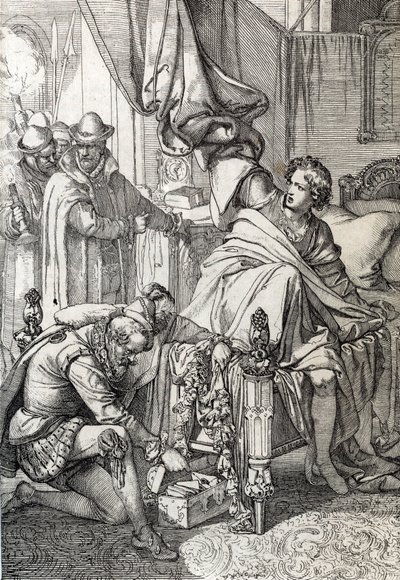 Aresztowanie Karola Austriackiego (1545-1568) (Don Carlosa), syna Filipa II Hiszpańskiego w 1568 roku przez ludzi jego ojca (Carlosa, najstarszego syna księcia Asturii i następcy tronu hiszpańskiego króla Filipa II, ojciec na początku 1568) rysowanie pióre autorstwa Peter Johann Nepomuck Geiger