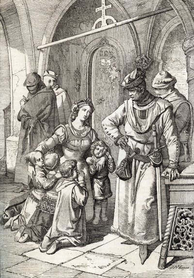 Zabójstwo szlachcianki Ines de Castro (1320-1355), drugiej żony Piotra I (Pedro I) Portugalii w klasztorze Santa Clara de Coimbra, Portugalia 1355 (Żona króla Piotra I Portugalii Morderstwo Ines Castro w klasztorze Santa Clara w Co autorstwa Peter Johann Nepomuck Geiger