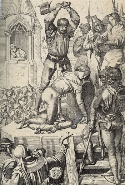 Egzekucja Conradina (lub Conrada z Hohenstaufen), króla Sycylii i księcia Szwabii (1252-1268) z rozkazu Karola Andegaweńskiego po bitwie pod Tagliacozzo w 1268 r. (Egzekucja Conradina (lub Konrada młodszego), ostatniego Staufera króla Sycylia, za autorstwa Peter Johann Nepomuck Geiger