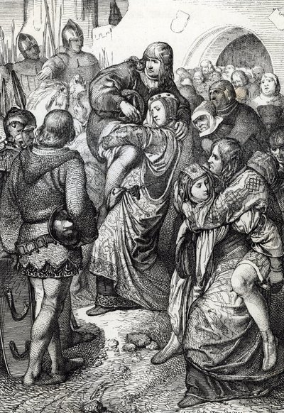 Wierne kobiety z Weinsbergu (Treue Weiber von Weinsberg): żony żołnierzy pokonanych podczas oblężenia Weinsbergu przez Konrada III z Hohenstaufen w 1140 r. niosą swoich mężów na plecach, Niemcy (lojalne żony podczas oblężenia Weinsbergu autorstwa Peter Johann Nepomuck Geiger