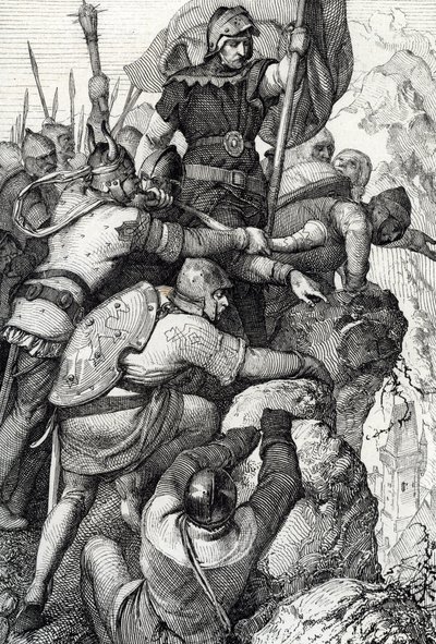 Wojska Othona I z Baviere (1117-1183) w pobliżu Werony we Włoszech 1155 (Otton I, książę Bawarii i jego armia pod Weroną, Włochy 1155) Rysunek z piór z „Historische Memorabilian des In-und Auslandes”” (Pamiątki historyczne) przez Antona Zieglera autorstwa Peter Johann Nepomuck Geiger