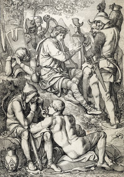 Wojna z Wikingami: „” Król Wessex Alfred I Wielki (846-899) przebrany za harfistę wkracza do obozu Guthrum, aby odświeżyć swoje plany bitewne, Somerset 878 (król Alfred Wielki przebrany za muzyka, przyglądający się sytuacji nieprzyjaciel w Danisie autorstwa Peter Johann Nepomuck Geiger