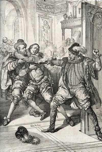 Wojna czterech dwudziestu lat (1568-1648): „” Zabójstwo Wilhelma Orańskiego zwanego Wilhelmem Małomównym (1533-1584) w dniu 10.07.1584 przez Balthazara Gerarda podczas wojny osiemdziesięcioletniej (lub 80 lat) ( Bunt Gueux lub bunt holenderski)” (Assassina autorstwa Peter Johann Nepomuck Geiger