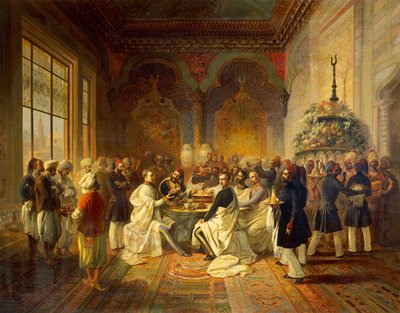 Lunch dostarczony w Smyrnie przez Halima Paszy, ilustracja z Podróży Maksymiliana Habsburga i jego brata Karola Ludwika na Morzu Śródziemnym, autorstwa Petera Johanna Nepomuka Geigera autorstwa Peter Johann Nepomuk Geiger