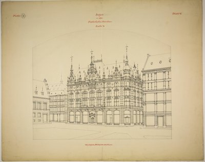 Nowy budynek Rathskeller, Halle (Saale), Saksonia-Anhalt, Niemcy, Perspektywa (niedokończona) autorstwa Peter Joseph Weber