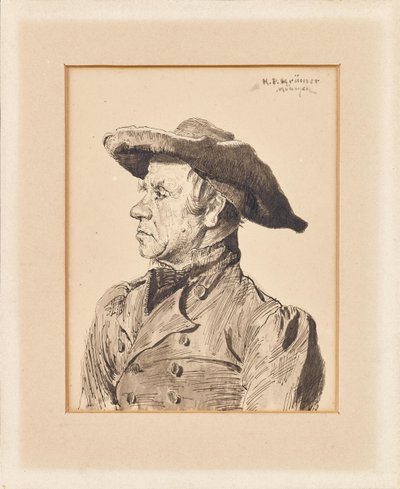 Portret popiersiowy mężczyzny w surducie i kapeluszu z szerokim rondem autorstwa Peter K. Krämer