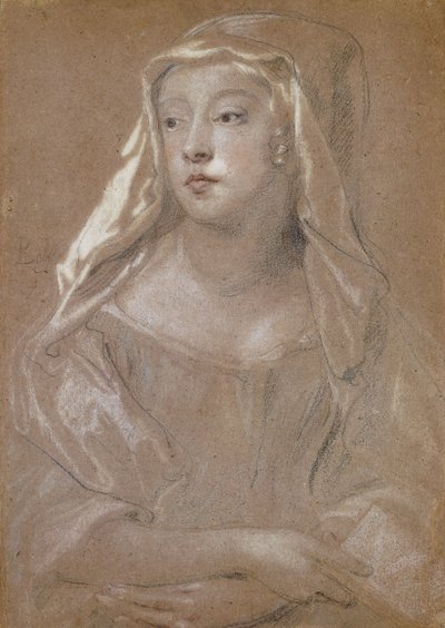Portret młodej damy, tradycyjnie określanej jako Sarah Jennings, księżna Marlborough, w połowie długości, trzymająca książkę, z rękami skrzyżowanymi na kolanach, z ubiorem głowy na ramionach, 1667 autorstwa Peter Lely