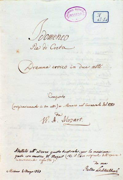 Pierwsza strona adaptacji Lichtenthala „Idomeneo, Re di Creta” Mozarta autorstwa Peter Lichtenthal