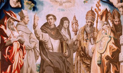 Flamandzki gobelin. Seria Triumf Eucharystii. Obrońcy Eucharystii (os defensores de la Eucaristía). Dziesiąty gobelin z serii. Model Peter Paul Rubens. 1626-1628. Manufaktura Jan II Raes, Hans Vervoert, Jacques Fobert, Bruksela autorstwa Peter Paul (after) Rubens