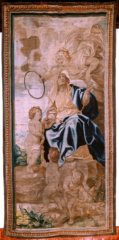 Flamandzki gobelin. Seria Triumf Eucharystii. Sukcesja papieży (La sucesión de los papas). Osiemnasty gobelin z serii. Model Peter Paul Rubens. 1626-1628. Manufaktura Jan II Raes, Hans Vervoert, Bruksela autorstwa Peter Paul (after) Rubens