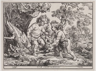 Dzieciątko Chrystus i św. Jan bawiący się z barankiem, rycina Christoffel Jegher (1596-1653), po 1632 (drzewryt) autorstwa Peter Paul (after) Rubens