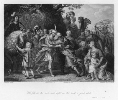 Spotkanie Jakuba i Józefa, Księga Rodzaju XLVI, 29 (rycina) autorstwa Peter Paul (after) Rubens