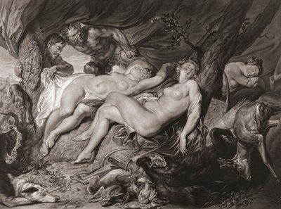 Nukkuva Diana ja hänen nymfinsä vakoilivat satyyrit. (tulostus)kiillotus autorstwa Peter Paul (after) Rubens
