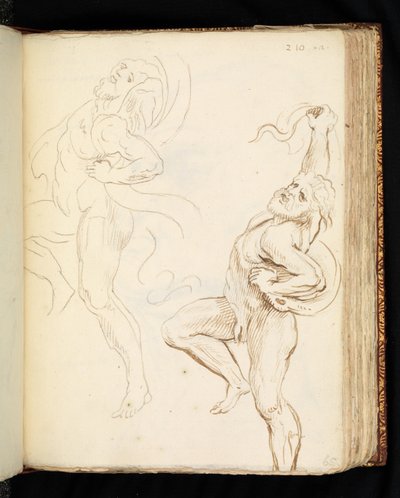 Dwa badania Laokoona, jedno z wężami zamienionymi w draperie (grafit, długopis i brązowy tusz na papierze wykładanym) autorstwa Peter Paul (after) Rubens